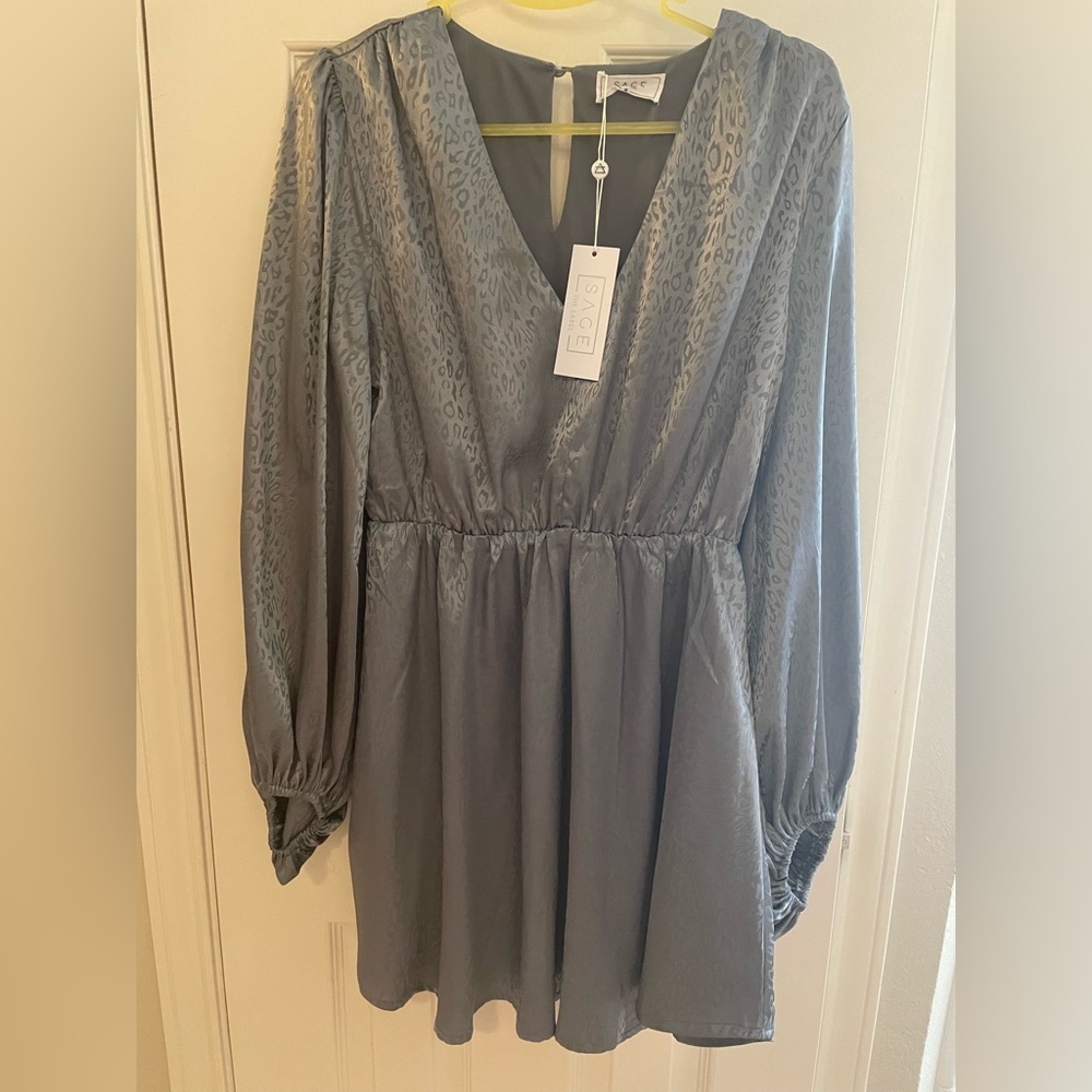 sage the label balloon sleeve metallic leopard dress